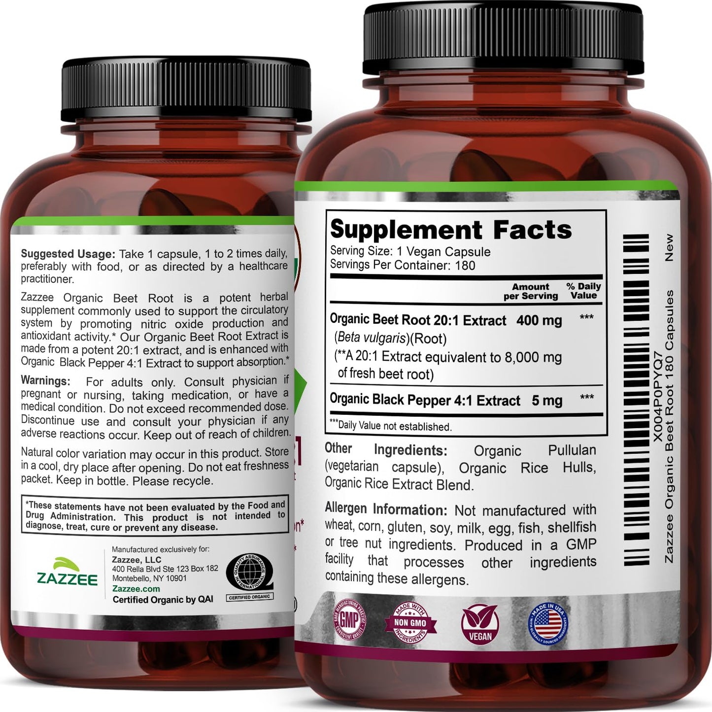 Zazzee USDA Organic Beet Root 20:1 Extract, 120 Vegan Quick Release Capsules, 4 Month Supply, Nitric Oxide Support, Black Pepper Extract for Enhanced Absorption, Certified Kosher, Non-GMO, Made in USA