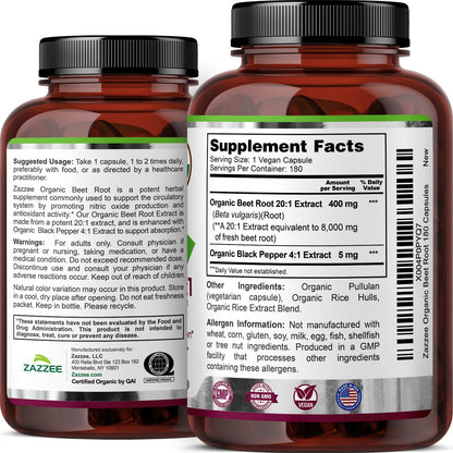 Zazzee USDA Organic Beet Root 20:1 Extract, 120 Vegan Quick Release Capsules, 4 Month Supply, Nitric Oxide Support, Black Pepper Extract for Enhanced Absorption, Certified Kosher, Non-GMO, Made in USA