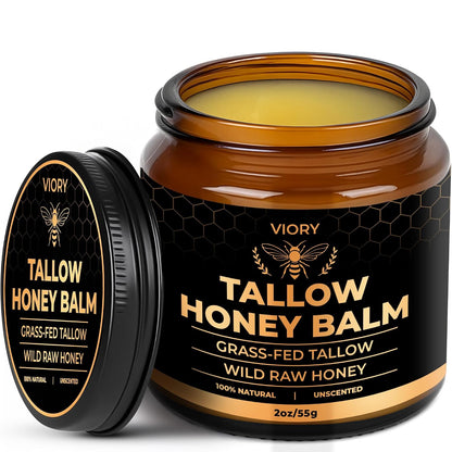 VIORY Tallow and Honey Balm for Face, Beef Tallow for Skin, Moisturizer | With 100% Organic Grass-Fed Beef Tallow & Raw Wild Honey, Natural Formula For Dry & Sensitive Skin (Unscented)