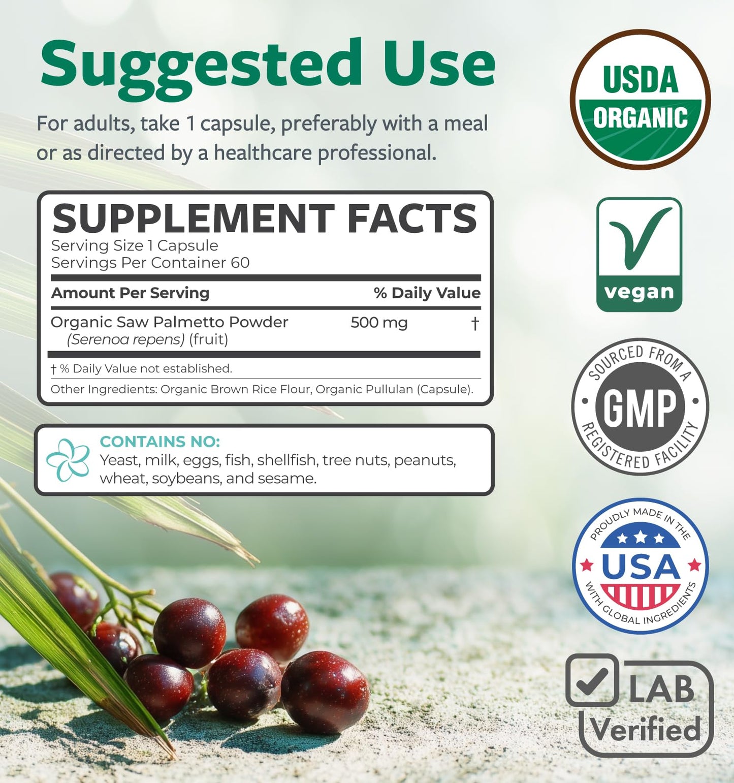 PURE CO USDA Organic Saw Palmetto Supplement - Organic Saw Palmetto for Women & Men's Urinary Tract Prostate & DHT Blocker for Women - Whole Berries - Vegan Non-GMO & Lab Verified (2 Month Supply)