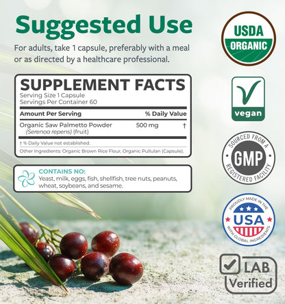 PURE CO USDA Organic Saw Palmetto Supplement - Organic Saw Palmetto for Women & Men's Urinary Tract Prostate & DHT Blocker for Women - Whole Berries - Vegan Non-GMO & Lab Verified (2 Month Supply)