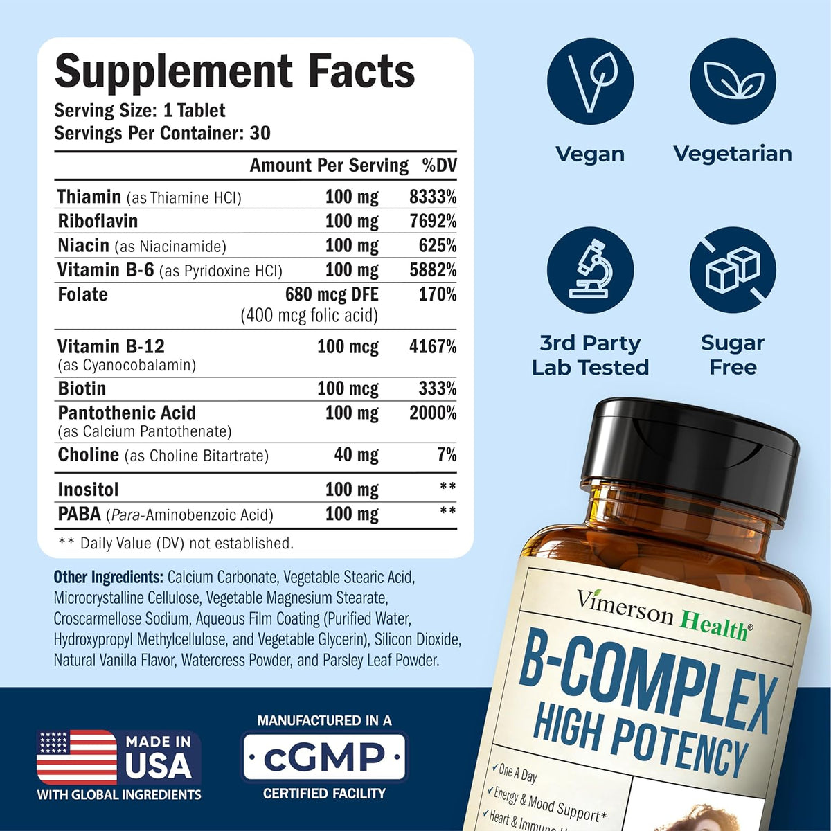 Vitamin B Complex w/ B12, Niacin & Folic Acid 400mcg for Mood - 30 Tablets