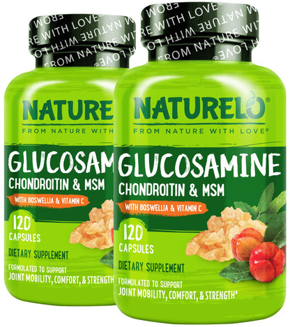 NATURELO Glucosamine Chondroitin MSM with Boswellia and Vitamin C - Supplement for Joint Comfort, Mobility, and Strength - 120 Capsules