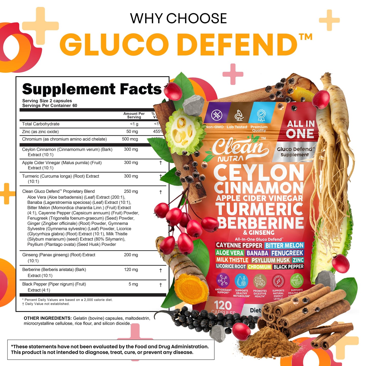 Clean Nutraceuticals Ceylon Cinnamon Capsules + Berberine Turmeric Apple Cider Vinegar Ginseng Bitter Melon (Karela) Gymnema Milk Thistle Fenugreek Supplement Pills Powder for Men & Women