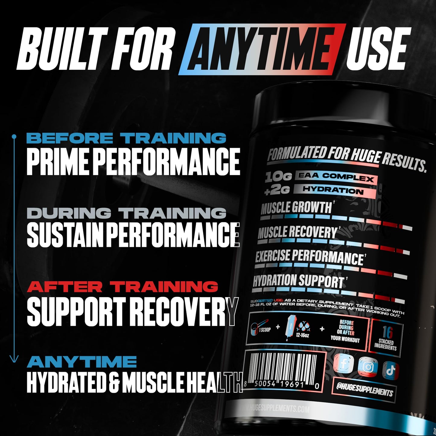 Huge EAA + Hydration, Essential Amino Acids Powder, EAAs & BCAAs, Intra & Post Workout Recovery Powder, Muscle Growth, Recovery & Performance, 10g EAAs & Electrolytes, Kiwi Blueberry, 30 Servings