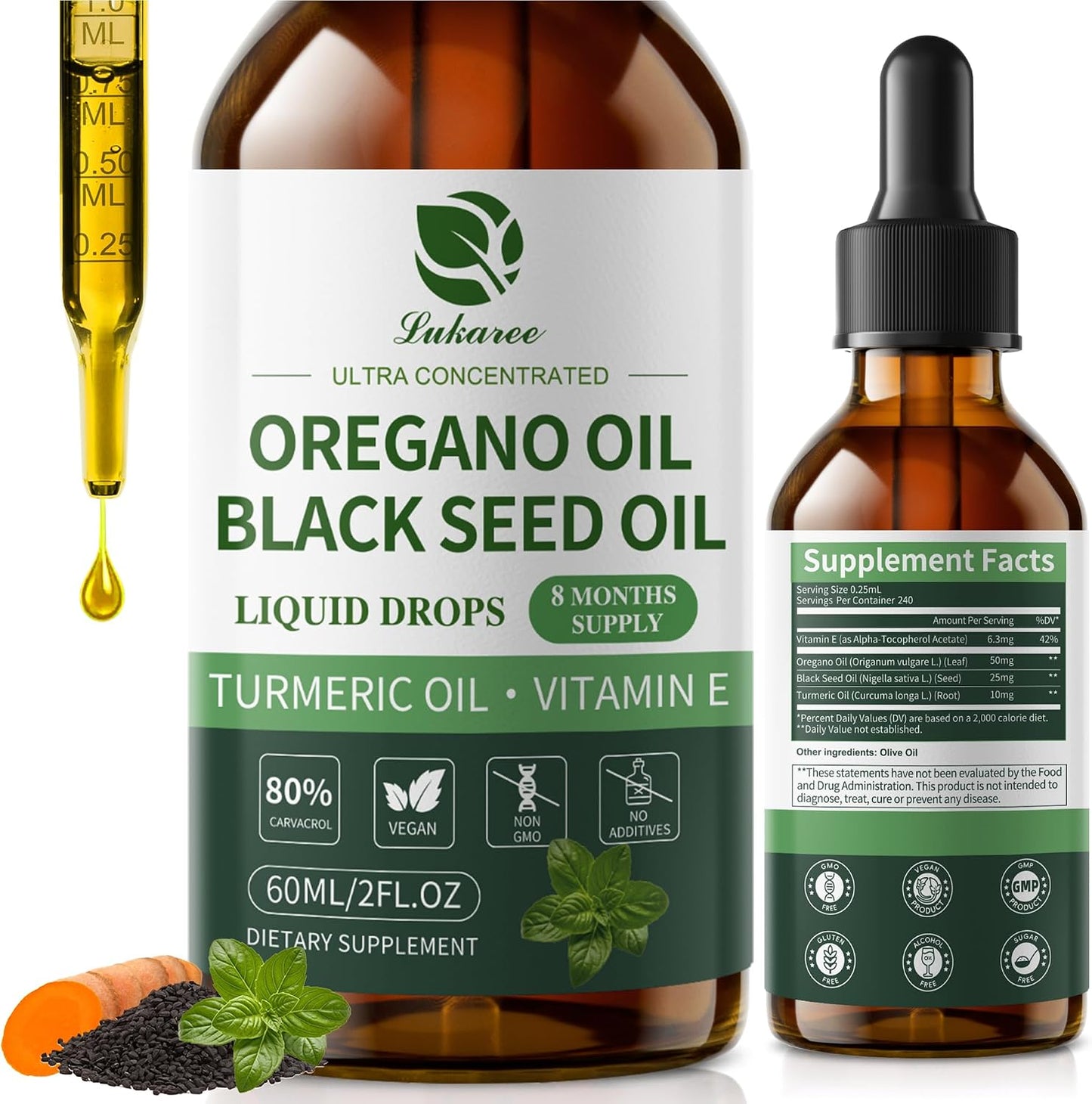Oil of Oregano Drops with Black Seed Oil, 80% Carvacrol, 8 Month Supply | Immune, Digestive, Detox & Natural Cleanse for Humans*, Undiluted Oregano Oil with Turmeric Oil, Vitamin E & Olive Oil Based