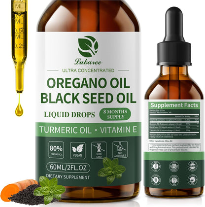 Oil of Oregano Drops with Black Seed Oil, 80% Carvacrol, 8 Month Supply | Immune, Digestive, Detox & Natural Cleanse for Humans*, Undiluted Oregano Oil with Turmeric Oil, Vitamin E & Olive Oil Based