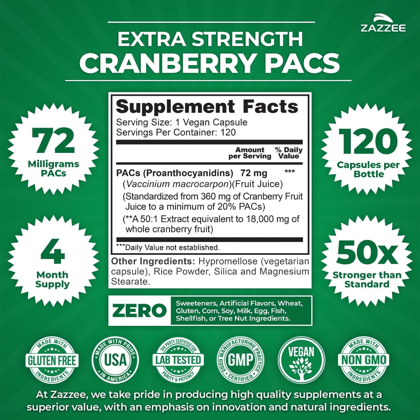 Zazzee Cranberry PACs 72 mg per Capsule, 50:1 Extract, 120 Vegan Capsules, 2X Strength, 4 Month Supply, Fast-Acting, Effective Urinary Tract & Bladder Support, 100% Soluble PACs, Made in the USA