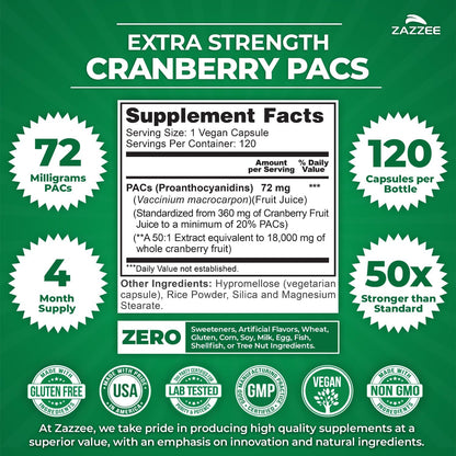 Zazzee Cranberry PACs 72 mg per Capsule, 50:1 Extract, 120 Vegan Capsules, 2X Strength, 4 Month Supply, Fast-Acting, Effective Urinary Tract & Bladder Support, 100% Soluble PACs, Made in the USA
