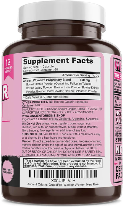 Grass Fed Beef Organ Supplement for Women 500mg – Desiccated Uterus, Ovary, Liver, Kidney, Heart & Colostrum, Non-GMO, Gluten Free, Undefatted by Ancient Origins (60 Caps, 500mg Each)