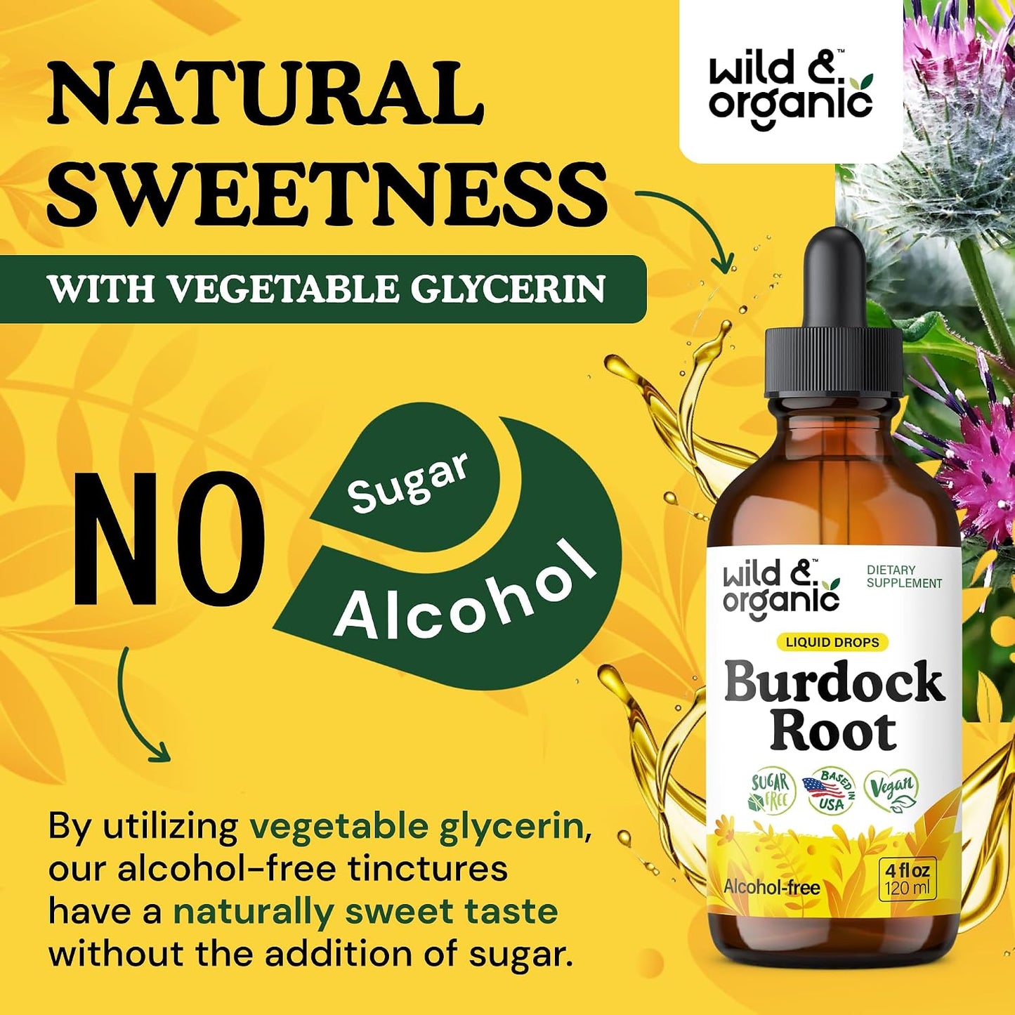 Wild & Organic Burdock Root Tincture - Antioxidant, Detox & Lymphatic Support - Burdock Root Extract Drops - Arctium Lappa Herb Supplement - Add to Tea - Vegan, Sugar & Alcohol-Free - 4 fl oz