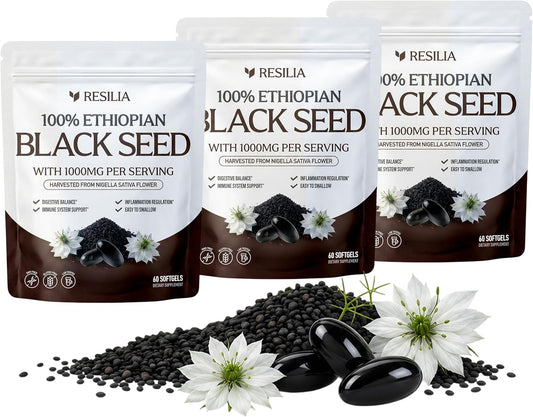 Resilia Ethiopian Black Seed Softgels 1000mg Per Serving – Premium Nigella Sativa Seed Oil Supplement – Digestive & Immune Support Formula – Easy to Swallow Soft Capsules 180 Count (Pack 3)