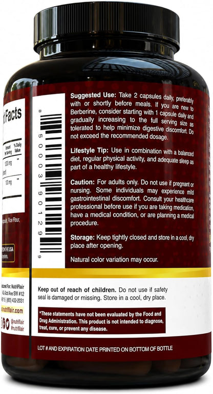 NutriFlair Berberine HCl 1200mg, 120 Capsules - Plus Ceylon Cinnamon, Berberine HCI Root Supplements Pills - Made in USA