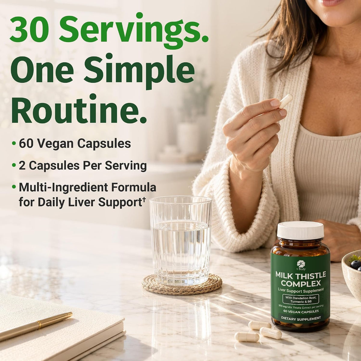 1 Body Milk Thistle Complex, Liver Support, 60 Vegan Capsules, 30 Servings