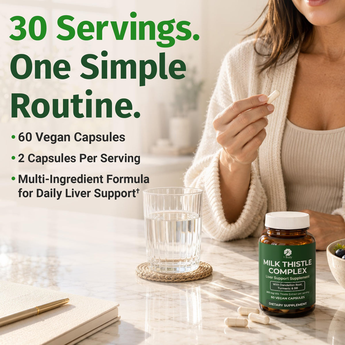 1 Body Milk Thistle Complex, Liver Support, 60 Vegan Capsules, 30 Servings