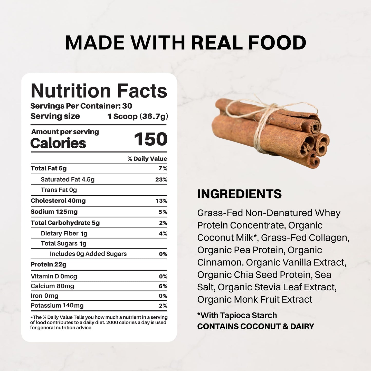 JUST INGREDIENTS Vanilla Bean Protein Powder – 20-Serving Blend with 100% Grass-Fed Whey & Organic Plant Proteins – Real Vanilla Bean & Cinnamon – Supports Muscle Recovery, Energy*