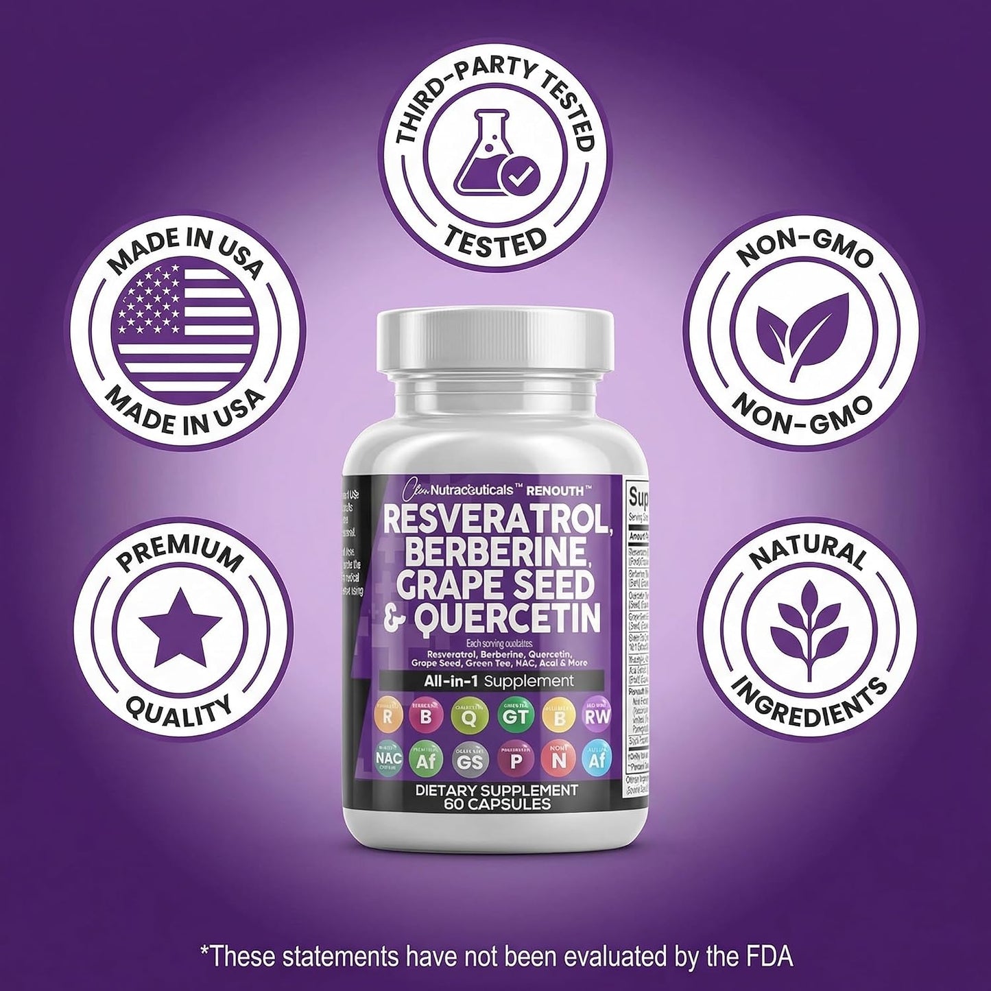 Clean Resveratrol Supplement | Berberine Grape Seed Extract Quercetin Green Tea Extract Acai Noni Polyphenol Supplement for Women & Men N-Acetyl Cysteine