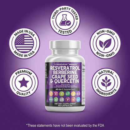 Clean Resveratrol Supplement | Berberine Grape Seed Extract Quercetin Green Tea Extract Acai Noni Polyphenol Supplement for Women & Men N-Acetyl Cysteine
