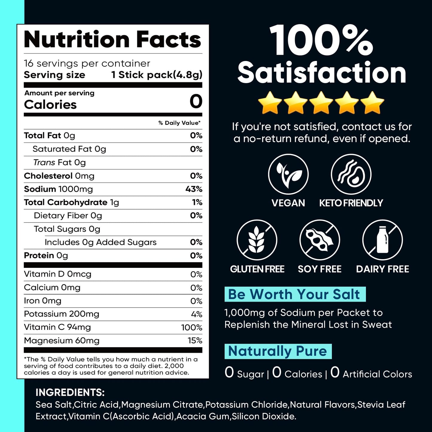 Venture Pal High Sodium Sugar-Free Electrolytes Powder Packets, 16 Sticks | Hydration Packets with Sodium, Potassium & Magnesium, Zero Calories, Keto, Vegan, and Paleo Friendly