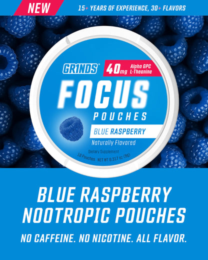 GRINDS Focus Pouches | Naturally Flavored with Nootropic Ingredients | Contains Alpha GPC and L-Theanine | Sugar-Free | 3 Pack | 18 Pouches Per Can | Blue Raspberry