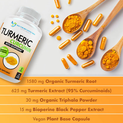 Turmeric Curcumin Supplement - 2250mg/d - Veggie Caps - 95% Curcuminoids with Black Pepper Extract (Bioperine) - 750mg Capsules - 100% Organic - Most Powerful Turmeric (180 Count)