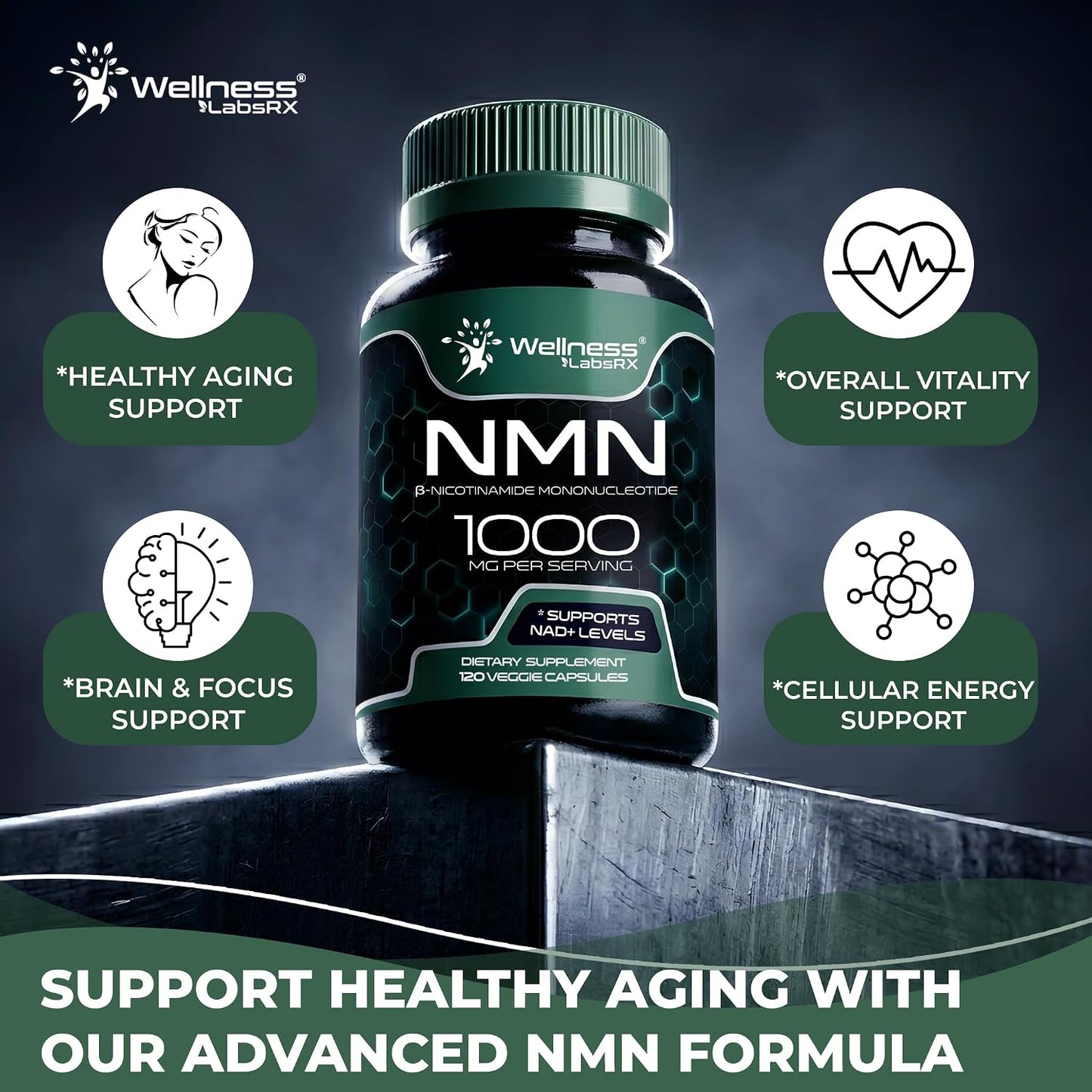 NMN Supplement 1000mg Pure Organic Nicotinamide Mononucleotide - NMN NAD Supplement for Anti-Aging, Longevity, Cellular, and Energy Supplements – Suitable for Women and Men Energy Support - 120 Count