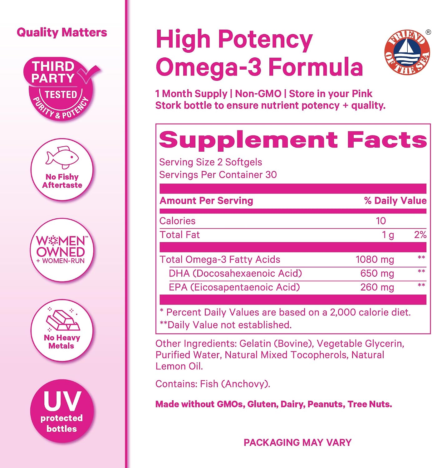 Pink Stork Omega 3 Fish Oil Supplements for Women, 60 Softgels | DHA + EPA, High Potency, Burpless, Mental Clarity, Cognitive Health, Fetal Brain + Nervous System Development, 2 Month Supply