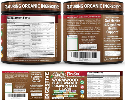 Clean Nutra Wormwood Black Walnut Pumpkin Seed Clove Oil Celery Garlic Grape Papaya Neem Diatomaceous Earth Womens Probiotic Gut Health Cleanse Detox Oregano Olive Turmeric Supplement Vegan Capsules