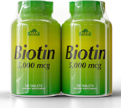 ALFA VITAMINS Biotin 5000 mcg High Potency Vitamin B7 Supplement for Daily Use – 100 Tablets 2 Pack