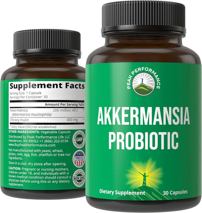 Peak Performance Akkermansia Probiotic to Increase GLP-1 Production - Ultra High Strength Akkermansia Muciniphila Live Strain with Prebiotic Fiber for Gut Health - Delayed Release, 3rd Party Tested
