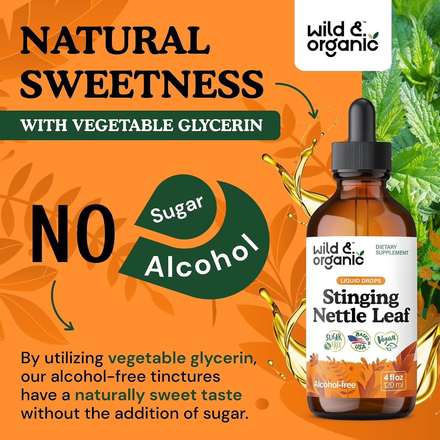 Wild & Organic Stinging Nettle Leaf Tincture - Urinary Tract Support - Stinging Nettle Extract Liquid Drops - Urtica Dioica Supplement - 5-Month Supply - Vegan, Sugar & Alcohol-Free - 4 fl oz