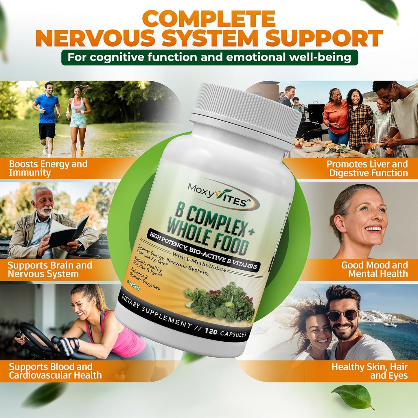 MoxyVites Vitamin B Complex - B Vitamins Whole Food Supplement, B12 Methylcobalamin, B1, B2, B3, B5, B6, B7, B9 - for Stress, Energy and Immune Support, Vegan, 120 Capsules