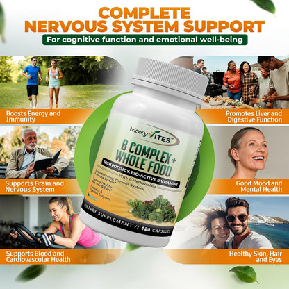 MoxyVites Vitamin B Complex - B Vitamins Whole Food Supplement, B12 Methylcobalamin, B1, B2, B3, B5, B6, B7, B9 - for Stress, Energy and Immune Support, Vegan, 120 Capsules