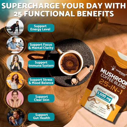 Mushroom Coffee Organic Instant Coffee, 25-in-1, Third-Party Tested Keto Friendly Lions Mane Supplement with Functional Mushrooms – Shiitake, Reishi, Lion’s Mane & More | Smooth, Rich Flavor - 90 Servings