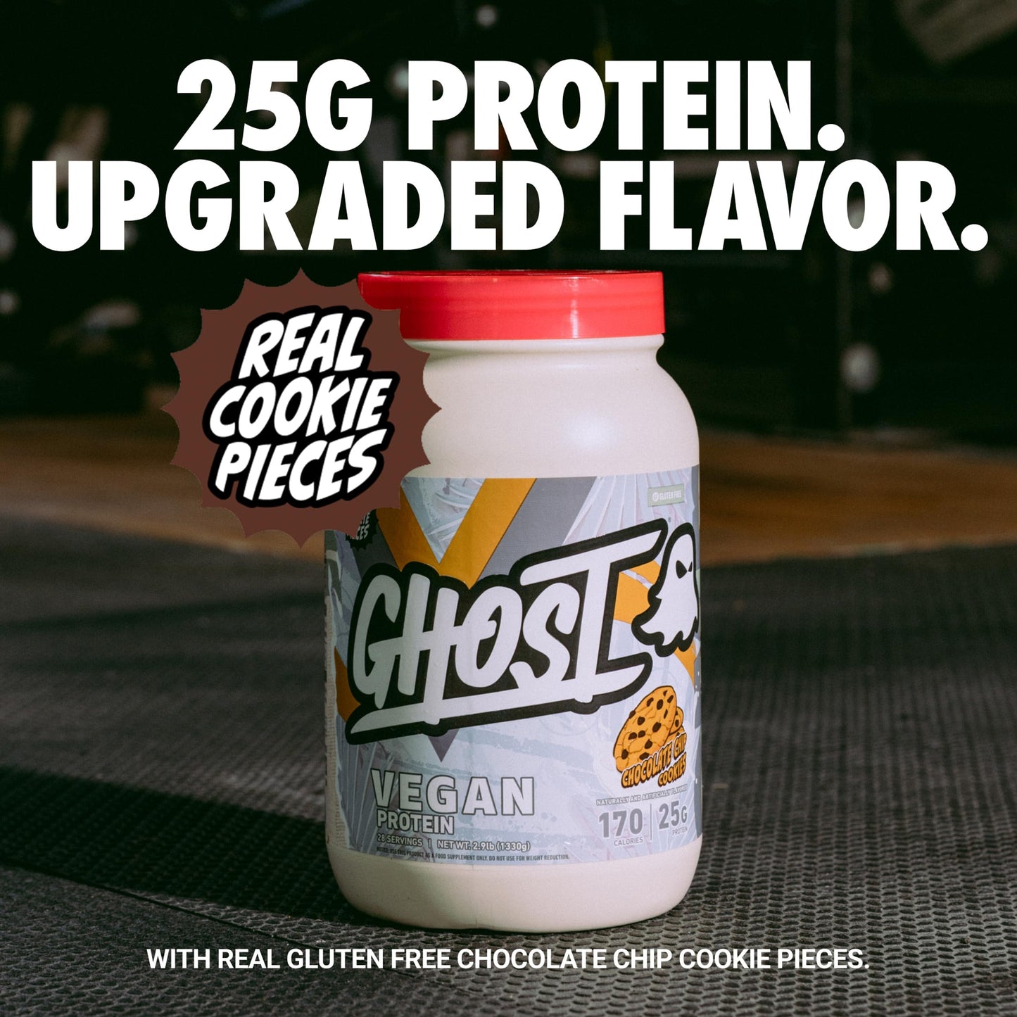 GHOST Vegan Protein Powder, Chocolate Chip Cookies – 2.9LB Tub, 25G of Protein - Plant-Based Pea & Organic Pumpkin Blend Protein with Fiber & Iron - Flavored Post Workout Shakes - Soy, Gluten Free