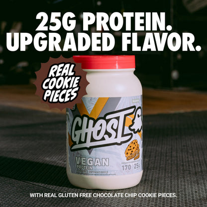 GHOST Vegan Protein Powder, Chocolate Chip Cookies – 2.9LB Tub, 25G of Protein - Plant-Based Pea & Organic Pumpkin Blend Protein with Fiber & Iron - Flavored Post Workout Shakes - Soy, Gluten Free