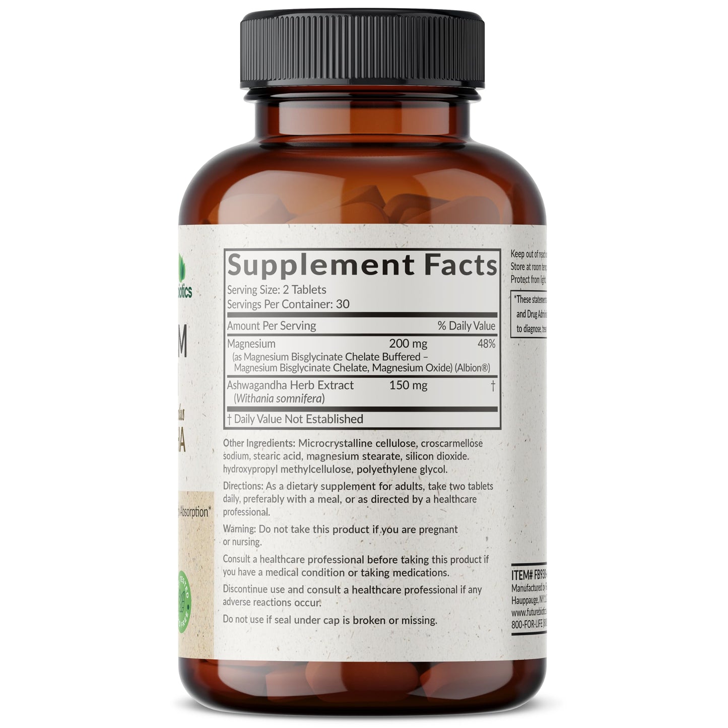 Futurebiotics Magnesium Glycinate + Ashwagandha, 60 Tablets | 2-in-1 Stress & Mood Support, High Absorption, Gentle On The Stomach, Non-GMO, Gluten Free, Soy Free