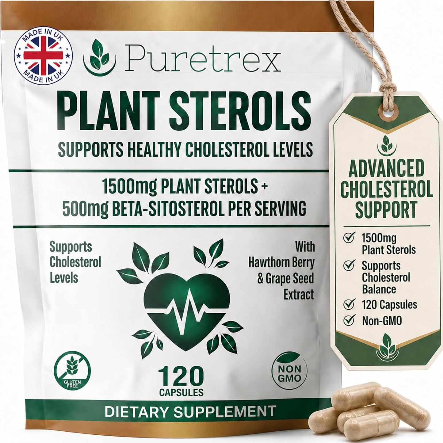Plant Sterols Complex with Beta-Sitosterol, CoQ10, Hawthorn Berry & Grape Seed Extract, 120 Vegan Capsules, Cardiovascular Wellness & Cholesterol Balance Daily Support, Non-GMO, UK Made
