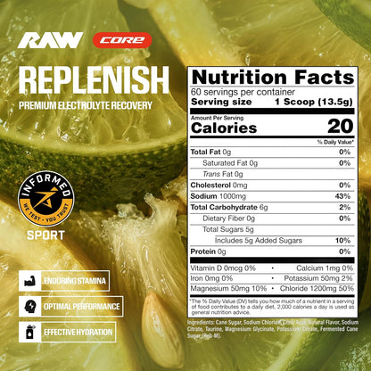 RAW Replenish, Premium Electrolytes Powder Recovery Formula, Lemon Lime (60 Servings) - Flavored Electrolyte Drink Mix Supplement for Hydration, Replenishment, Endurance & Performance Workouts