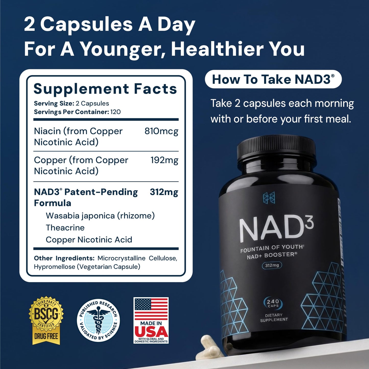 HPN NAD3 Clinical NAD+ Booster, Cellular Health & Natural Energy - NAD Supplement for Healthy Aging, Metabolic Support, NRF2 & Longevity, Nicotinamide Riboside & NMN Alternative, 120ct, 60-Day Supply