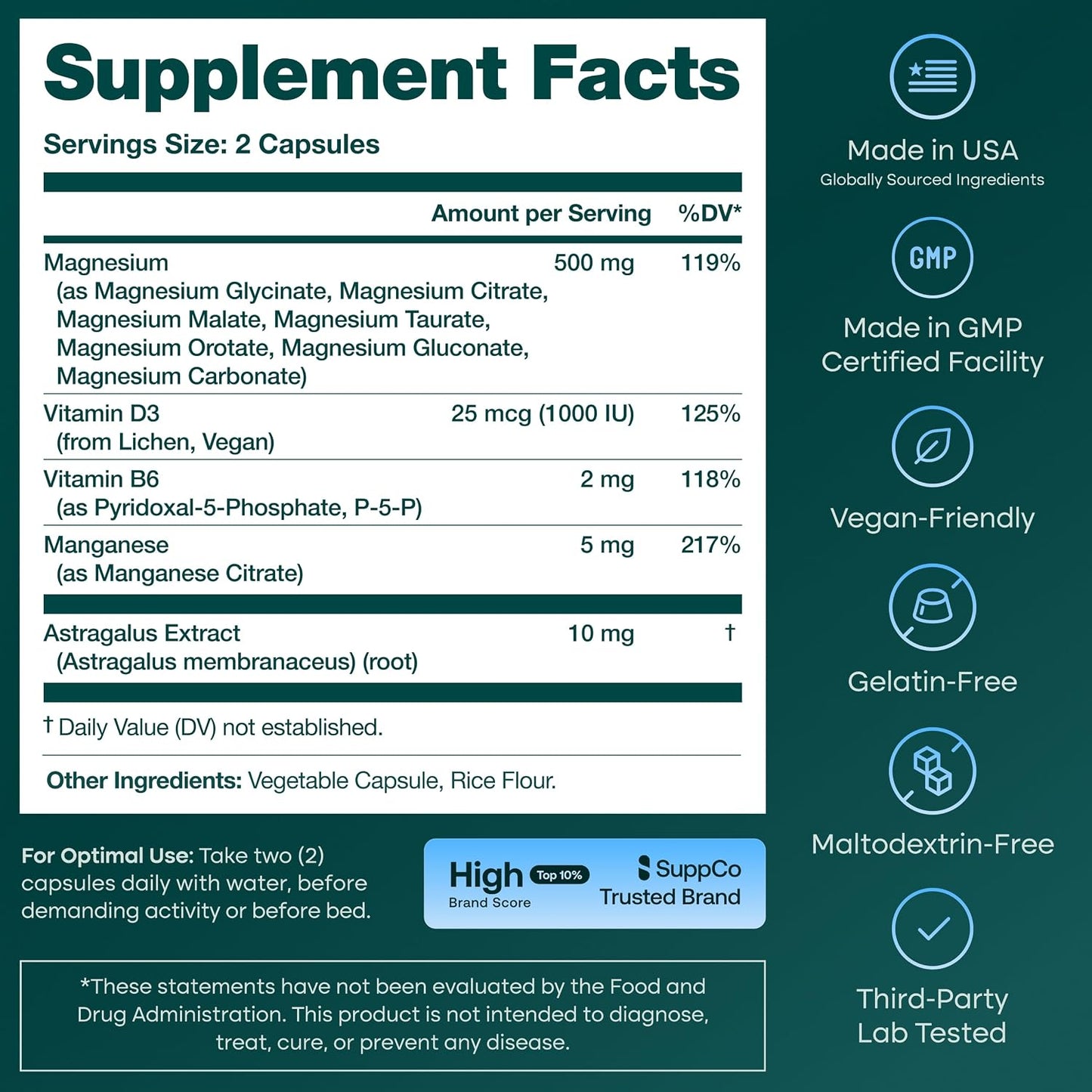 Magnesium Complex for Women & Men 500mg (7-in-1) Magnesium Glycinate with Vegan D3, B6, and Manganese (Made In USA) + Gluconate, Citrate, Malate, Taurate, Orotate, Carbonate (Oxide-Free) Small Capsule