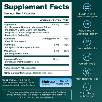 Magnesium Complex for Women & Men 500mg (7-in-1) Magnesium Glycinate with Vegan D3, B6, and Manganese (Made In USA) + Gluconate, Citrate, Malate, Taurate, Orotate, Carbonate (Oxide-Free) Small Capsule