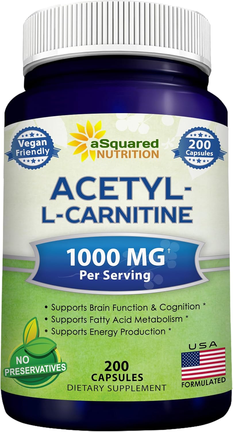 aSquared Nutrition Acetyl L-Carnitine 1000mg Max Strength - 200 cápsulas vegetales - Alta dosis de acetil L carnitina HCL (ALCAR) suplemento píldoras para apoyar la energía pura, la función cerebral y