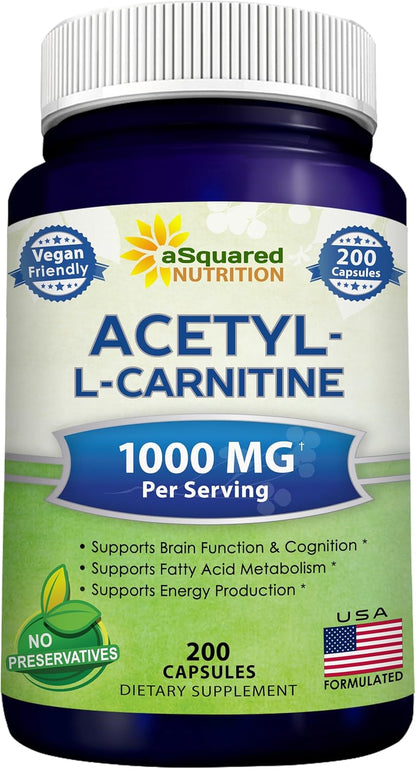aSquared Nutrition Acetyl L-Carnitine 1000mg Max Strength - 200 cápsulas vegetales - Alta dosis de acetil L carnitina HCL (ALCAR) suplemento píldoras para apoyar la energía pura, la función cerebral y