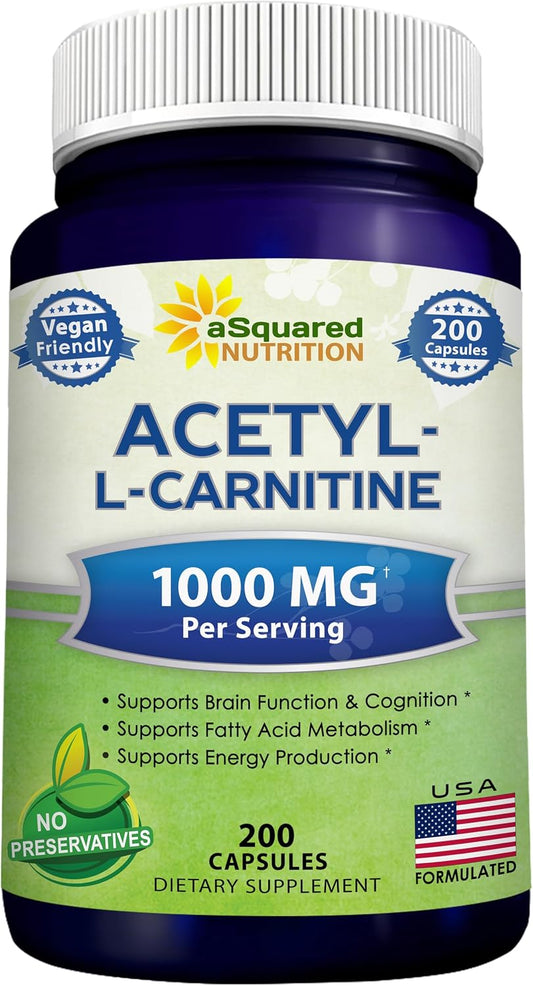 aSquared Nutrition Acetyl L-Carnitine 1000mg Max Strength - 200 cápsulas vegetales - Alta dosis de acetil L carnitina HCL (ALCAR) suplemento píldoras para apoyar la energía pura, la función cerebral y
