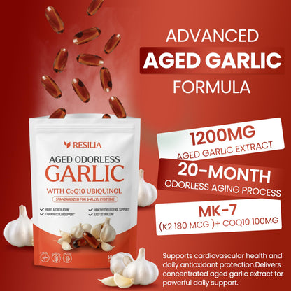 Resilia Garlic Extract 600mg Softgels (60ct) – Odorless Aged Garlic with CoQ10 Ubiquinol & Vitamin K2 as MK-7 – 20-Month Matured, Standardized for S-Allyl Cysteine - Heart & Immune Support