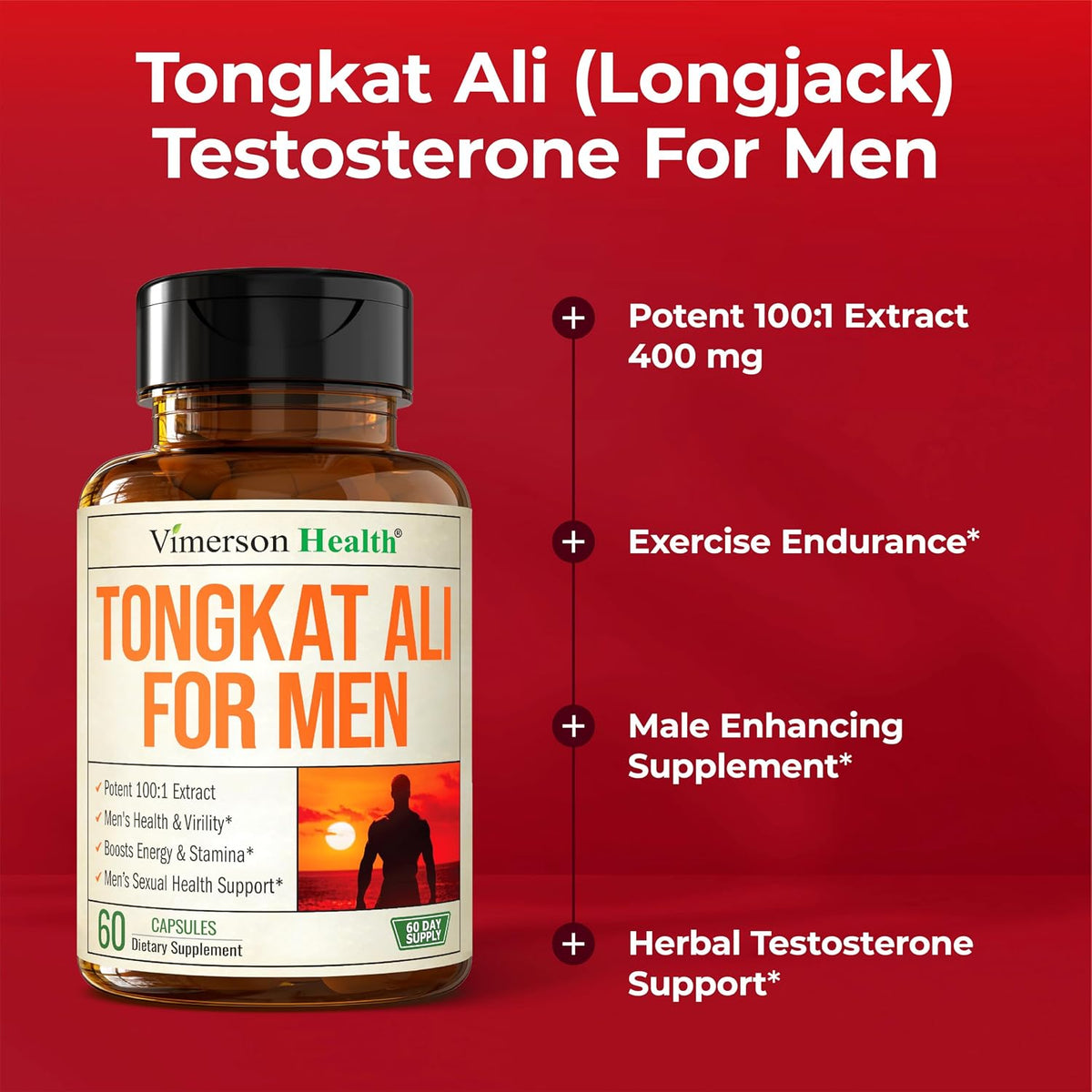 Longjack Tongkat Ali for Men 100:1 Extract –Energy & Vitality Support –60ct