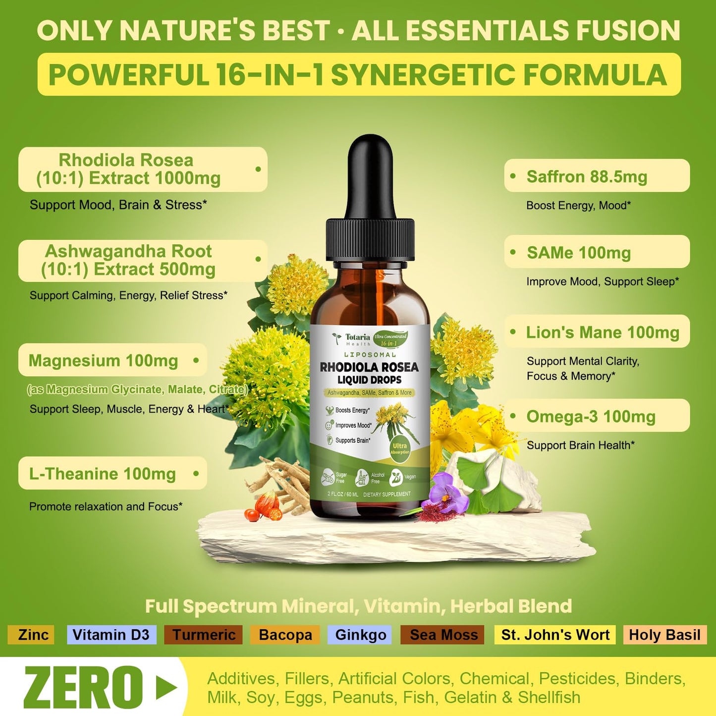Totaria 16-in-1 Liposomal Rhodiola Rosea Supplement Tincture 1000mg, Ultra Strength Rhodiola 10:1 Root Extract w/Ashwagandha, Rhodiola Liquid Drops for Natural Relaxation, Mood, Energy, Alcohol-Free