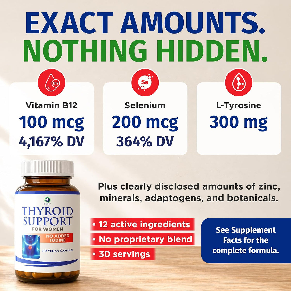1 Body Thyroid Support for Women, No Added Iodine Formula, 60 Vegan Caps