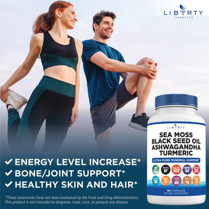 Liberty Lifestyle Sea Moss Black Seed Oil Ashwagandha Turmeric Bladderwrack Burdock - with Manuka, Honey Dandelion, ACV Black Pepper Gluten Free - 2-Pack